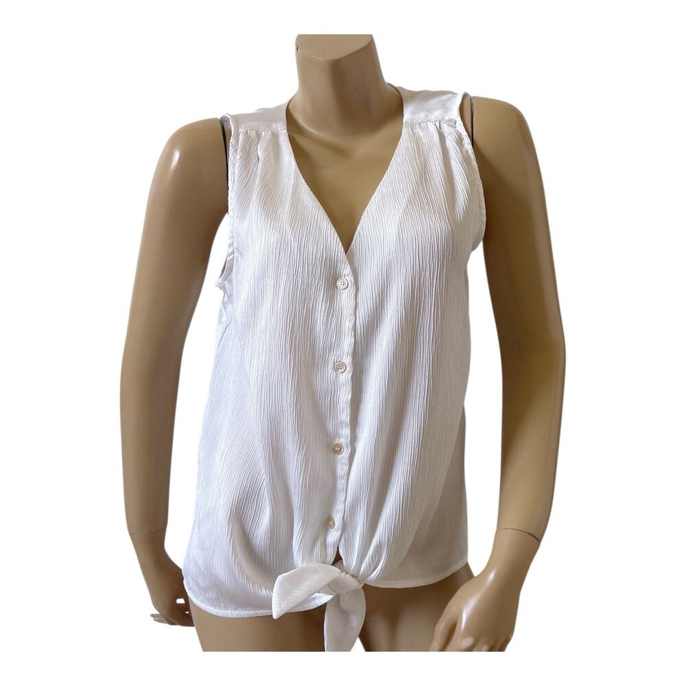 Nine West Blouse Womens M White Sleeveless Button Front Tie Hem Textured Top